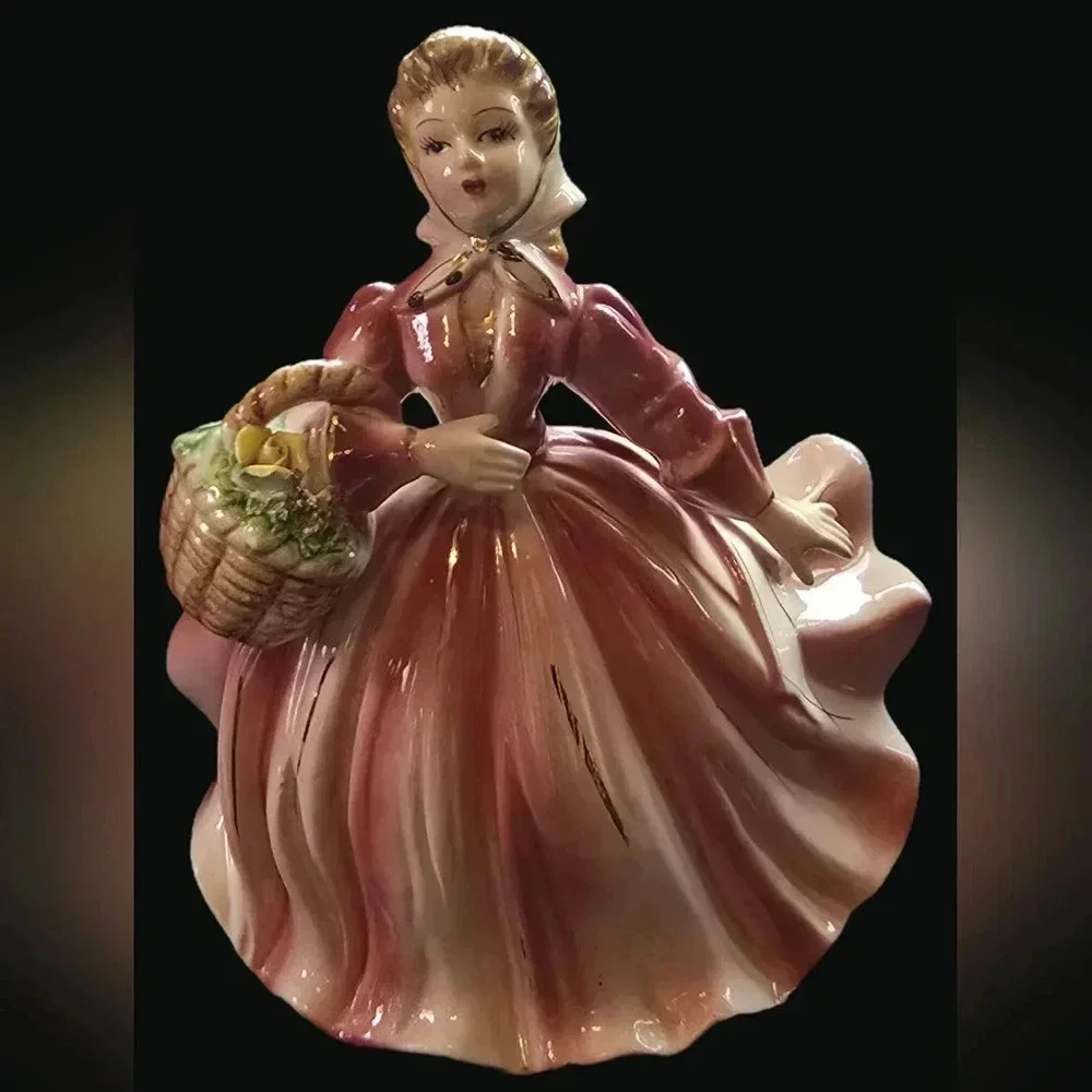 Vintage Lefton Lady in Flowing Pink Dress with Basket of Flowers Planter or Vase - Picture 2 of 11